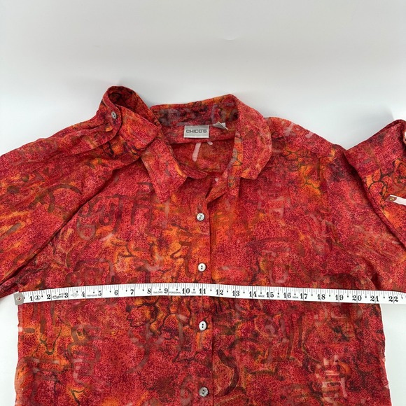 Chicos Red Orange Abstract Print Linen Blend Sheer Button Up Shirt Size 1 US M - Picture 8 of 11